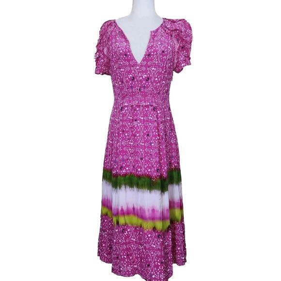 TANYA TAYLOR Pink Ikat Floral LUCIANA Ruffle Silk Dress 6 Barbie Coastal Boho - Picture 1 of 11